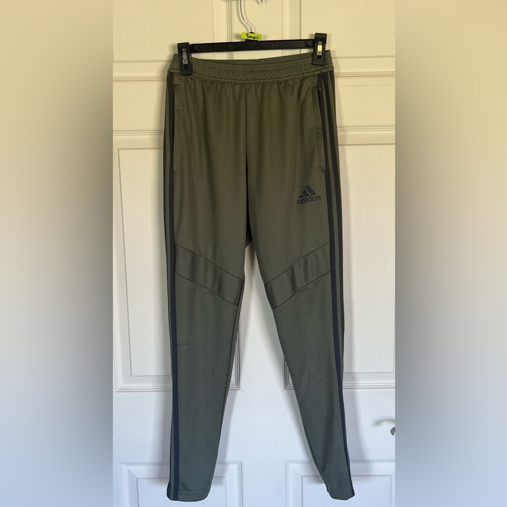 Adidas men’s track pants size small Olive Green with dark grey stripes.